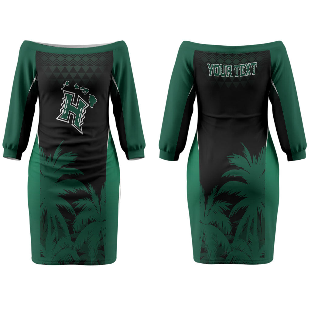 Hawaii Rainbow Warriors La'au Pama Personalized Couples Matching Off The Shoulder Long Sleeve Dress and Hawaiian Shirt