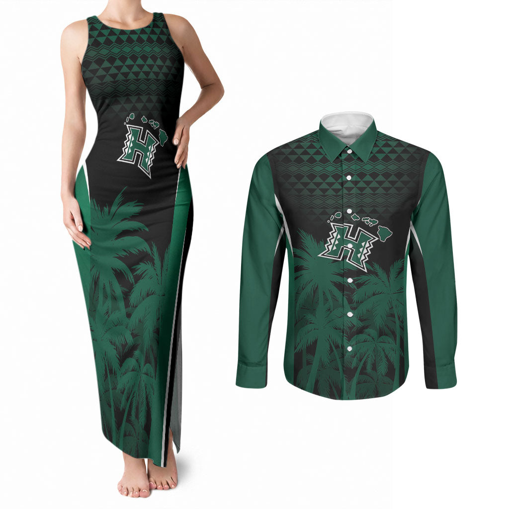 Hawaii Rainbow Warriors La'au Pama Personalized Couples Matching Tank Maxi Dress and Long Sleeve Button Shirt