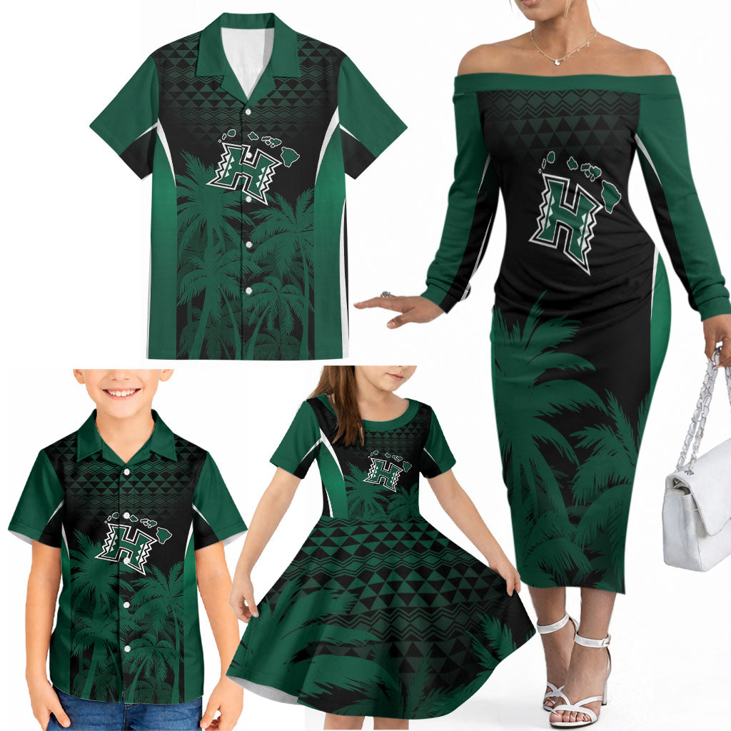 Hawaii Rainbow Warriors La'au Pama Personalized Family Matching Off The Shoulder Long Sleeve Dress and Hawaiian Shirt