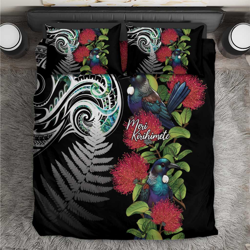 Meri Kirihimete New Zealand Bedding Set Tui on Pohutukawa LT7 Black - Polynesian Pride