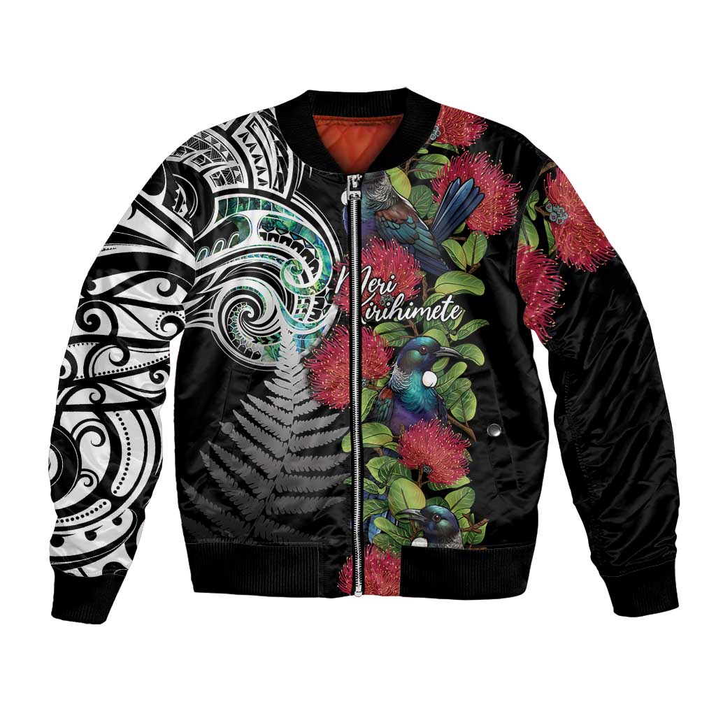Meri Kirihimete New Zealand Bomber Jacket Tui on Pohutukawa LT7 Unisex Black - Polynesian Pride