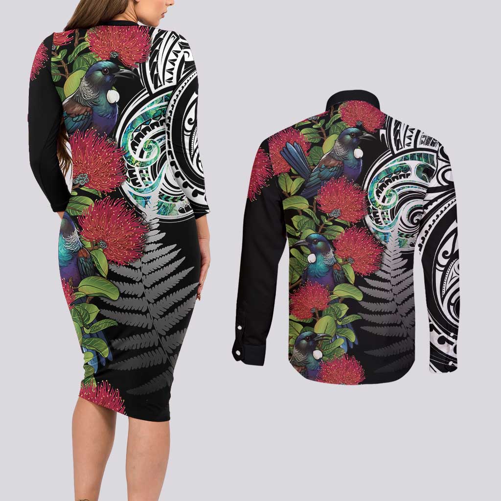Meri Kirihimete New Zealand Couples Matching Long Sleeve Bodycon Dress and Long Sleeve Button Shirt Tui on Pohutukawa
