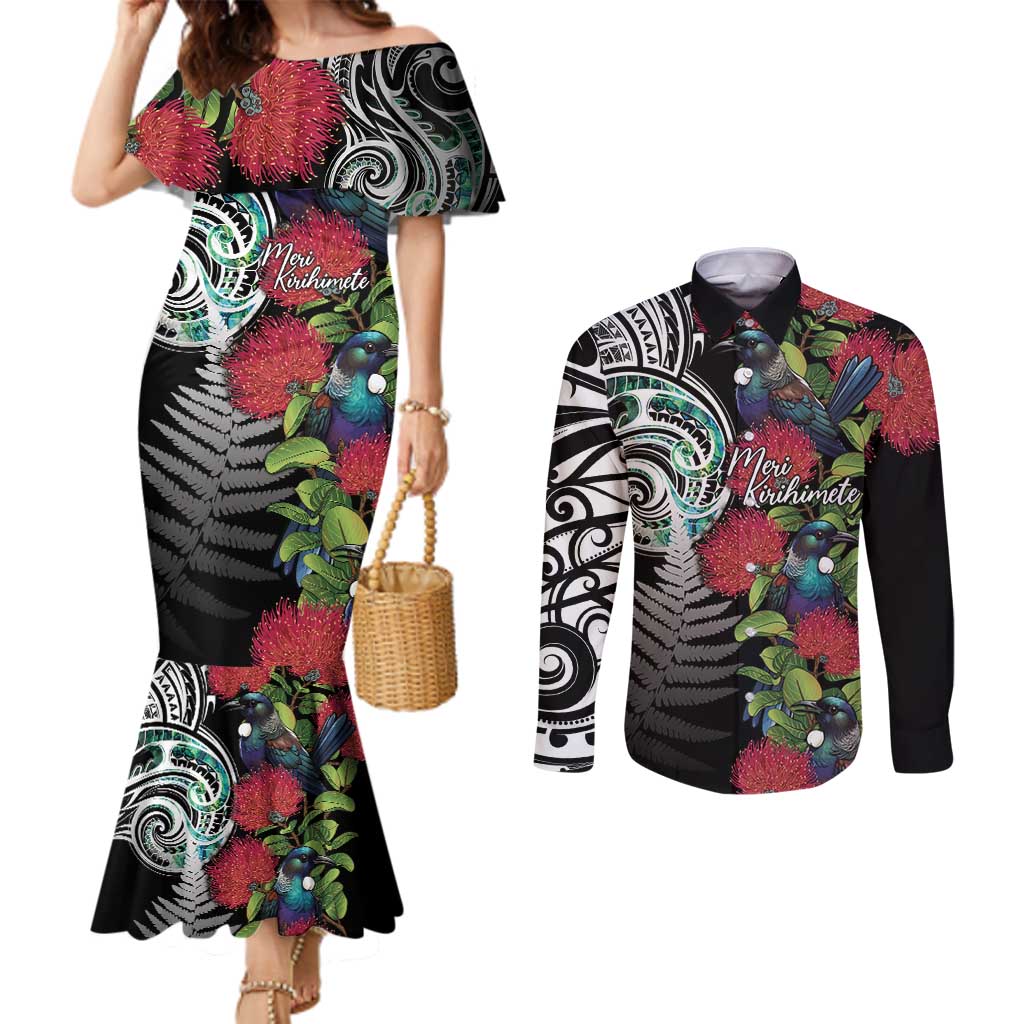 Meri Kirihimete New Zealand Couples Matching Mermaid Dress and Long Sleeve Button Shirt Tui on Pohutukawa