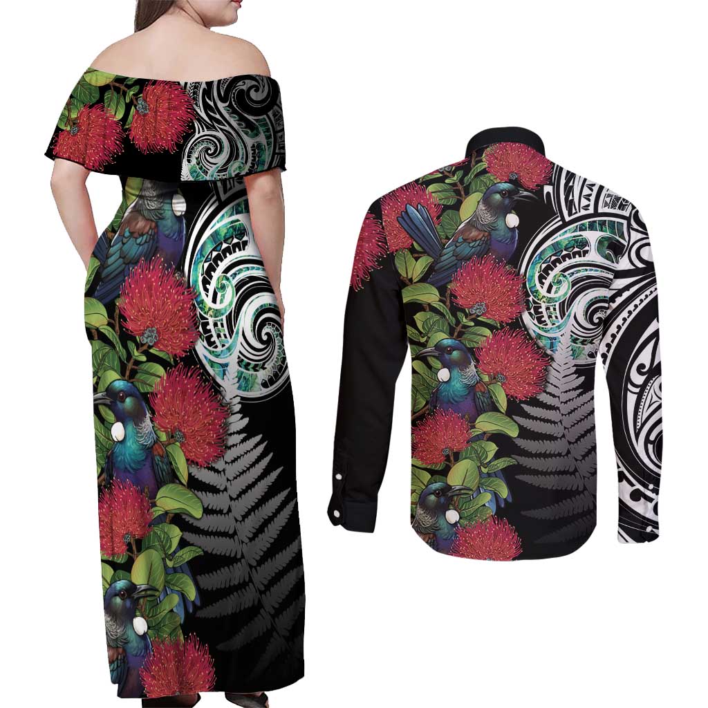 Meri Kirihimete New Zealand Couples Matching Off Shoulder Maxi Dress and Long Sleeve Button Shirt Tui on Pohutukawa