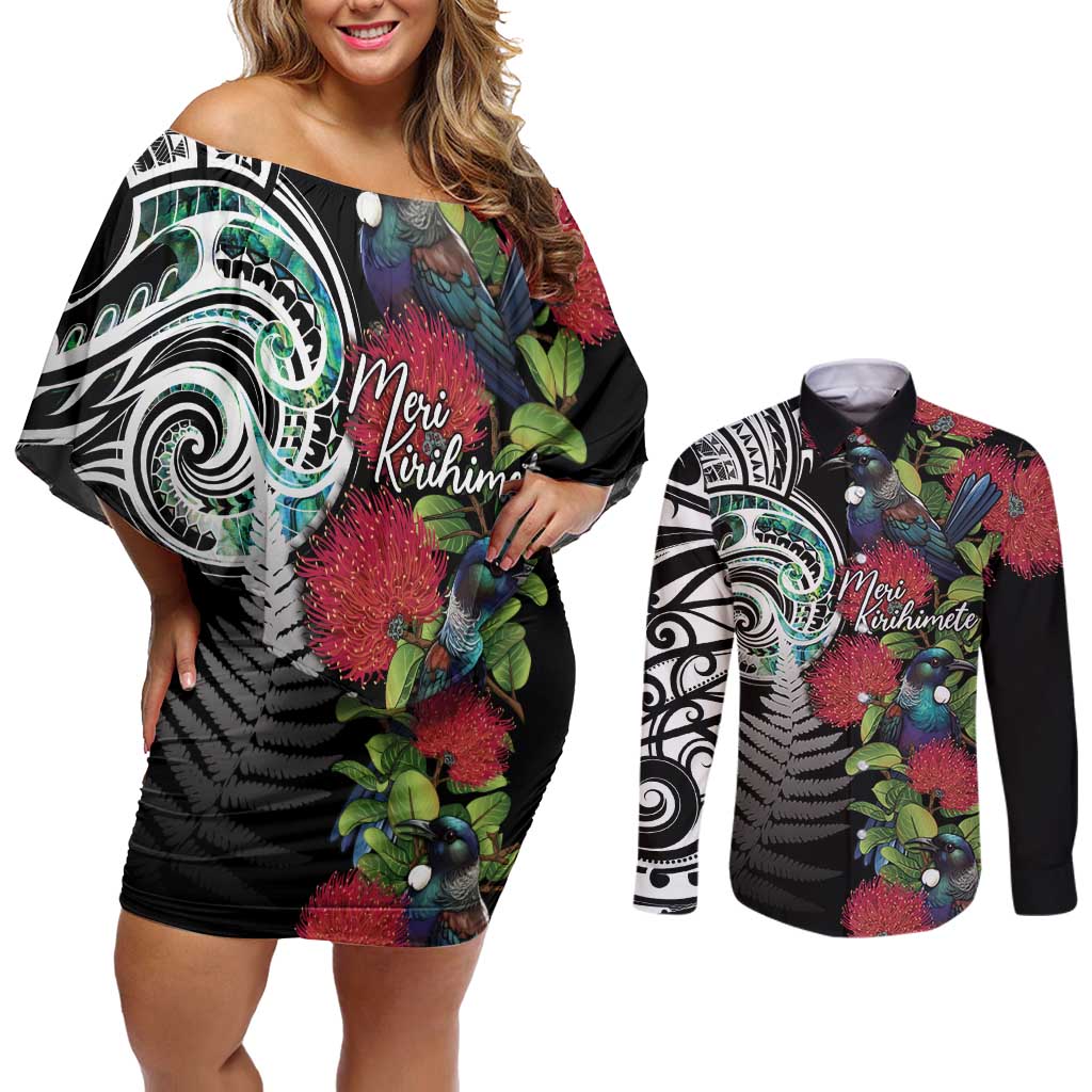 Meri Kirihimete New Zealand Couples Matching Off Shoulder Short Dress and Long Sleeve Button Shirt Tui on Pohutukawa