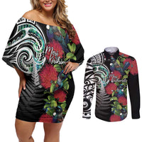 Meri Kirihimete New Zealand Couples Matching Off Shoulder Short Dress and Long Sleeve Button Shirt Tui on Pohutukawa