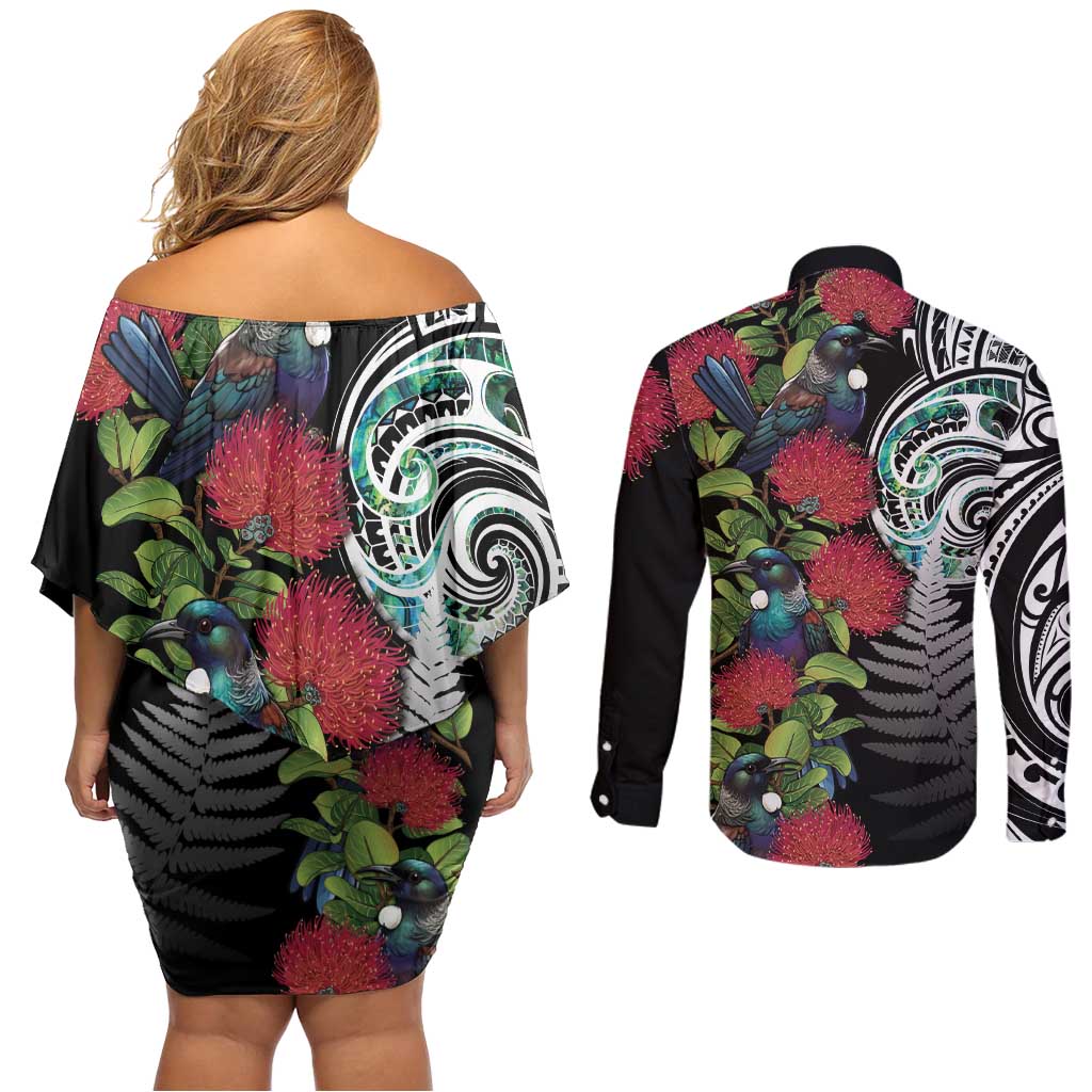 Meri Kirihimete New Zealand Couples Matching Off Shoulder Short Dress and Long Sleeve Button Shirt Tui on Pohutukawa