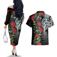 Meri Kirihimete New Zealand Couples Matching Off The Shoulder Long Sleeve Dress and Hawaiian Shirt Tui on Pohutukawa