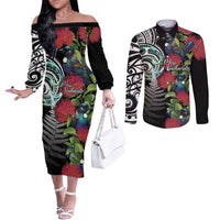 Meri Kirihimete New Zealand Couples Matching Off The Shoulder Long Sleeve Dress and Long Sleeve Button Shirt Tui on Pohutukawa