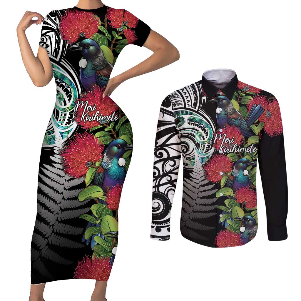 Meri Kirihimete New Zealand Couples Matching Short Sleeve Bodycon Dress and Long Sleeve Button Shirt Tui on Pohutukawa