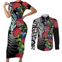 Meri Kirihimete New Zealand Couples Matching Short Sleeve Bodycon Dress and Long Sleeve Button Shirt Tui on Pohutukawa
