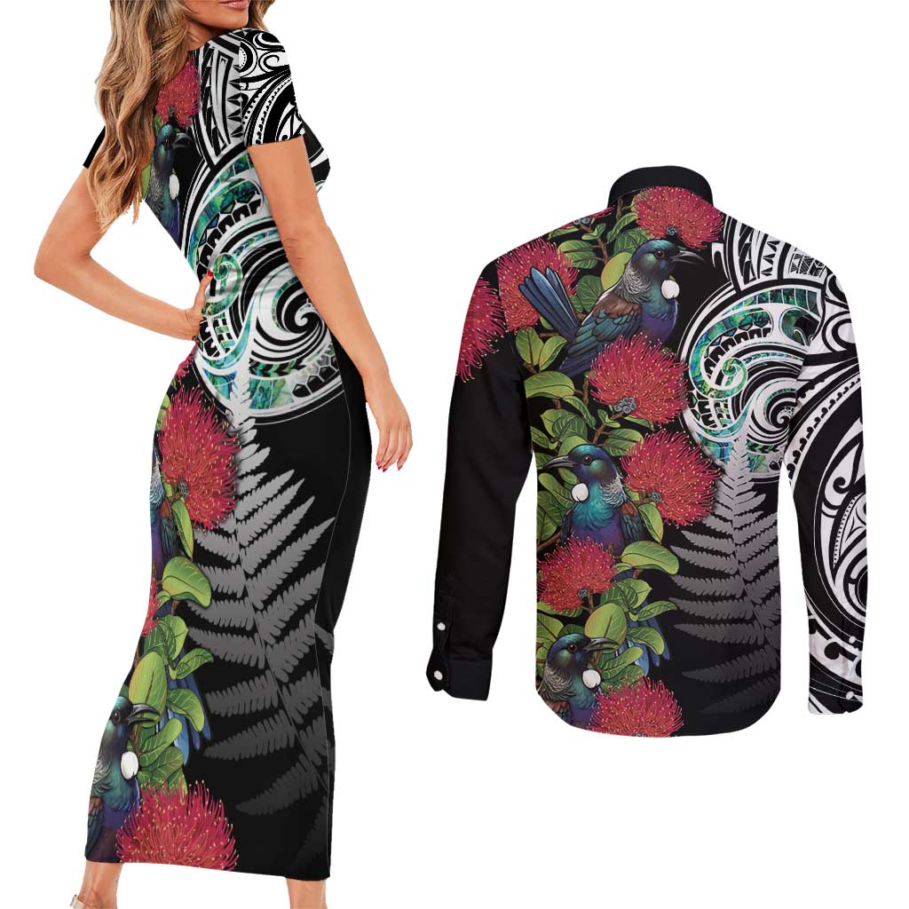 Meri Kirihimete New Zealand Couples Matching Short Sleeve Bodycon Dress and Long Sleeve Button Shirt Tui on Pohutukawa