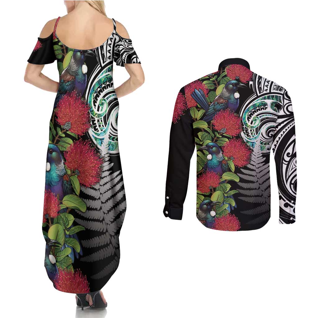 Meri Kirihimete New Zealand Couples Matching Summer Maxi Dress and Long Sleeve Button Shirt Tui on Pohutukawa