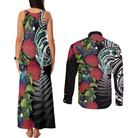 Meri Kirihimete New Zealand Couples Matching Tank Maxi Dress and Long Sleeve Button Shirt Tui on Pohutukawa