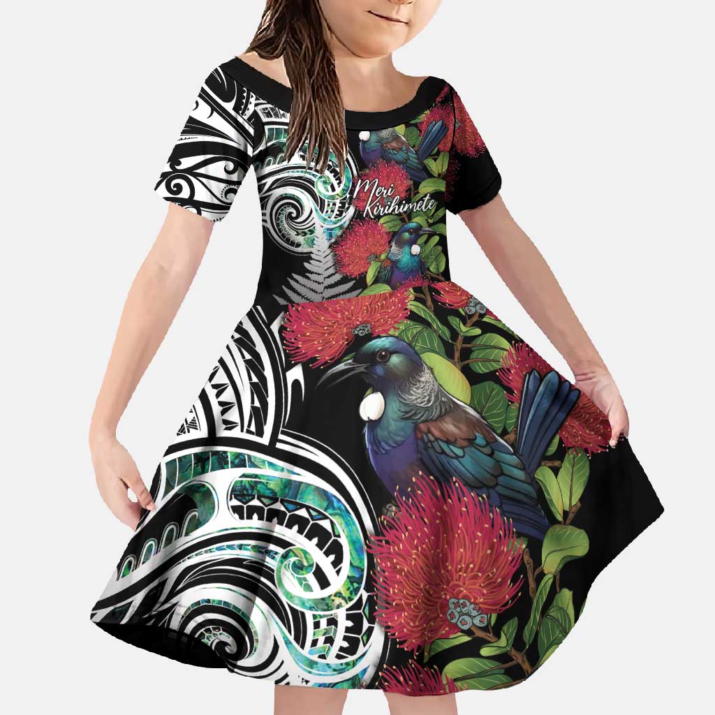 Meri Kirihimete New Zealand Family Matching Long Sleeve Bodycon Dress and Hawaiian Shirt Tui on Pohutukawa LT7 Daughter's Dress Black - Polynesian Pride