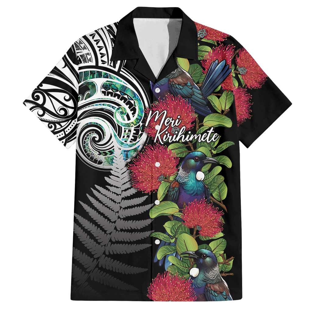 Meri Kirihimete New Zealand Family Matching Long Sleeve Bodycon Dress and Hawaiian Shirt Tui on Pohutukawa LT7 Dad's Shirt - Short Sleeve Black - Polynesian Pride