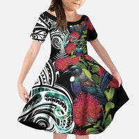 Meri Kirihimete New Zealand Family Matching Mermaid Dress and Hawaiian Shirt Tui on Pohutukawa LT7 Daughter's Dress Black - Polynesian Pride