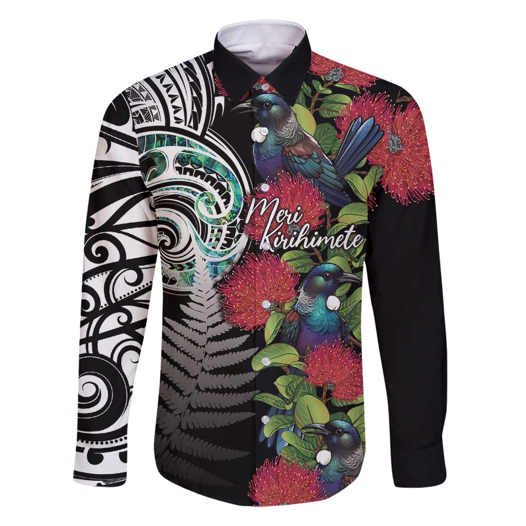 Meri Kirihimete New Zealand Family Matching Mermaid Dress and Hawaiian Shirt Tui on Pohutukawa LT7 Dad's Shirt - Long Sleeve Black - Polynesian Pride
