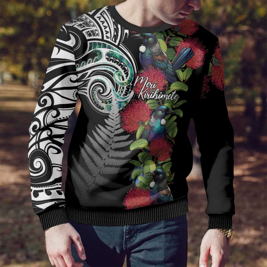 Meri Kirihimete New Zealand Ugly Christmas Sweater Tui on Pohutukawa