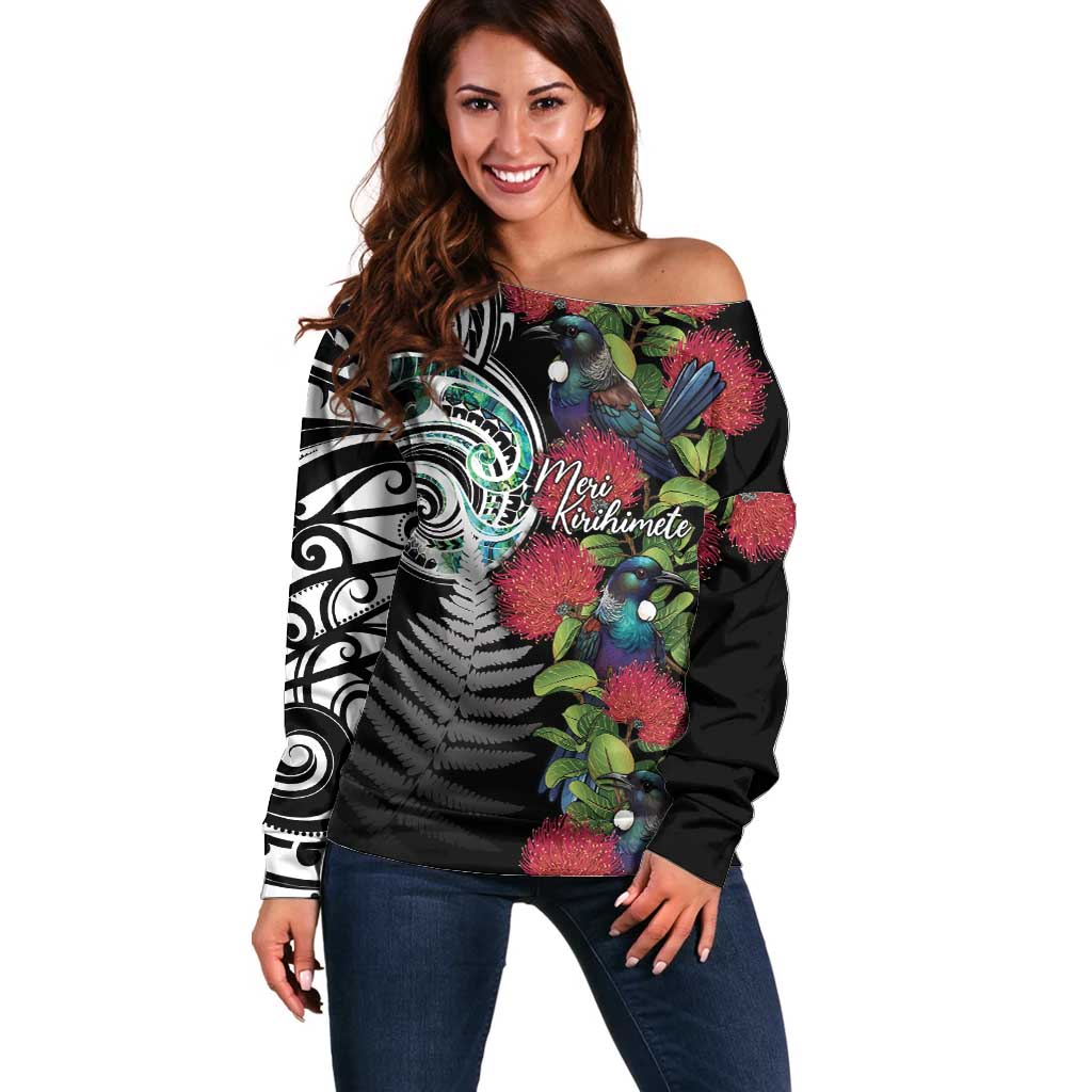 Meri Kirihimete New Zealand Off Shoulder Sweater Tui on Pohutukawa LT7 Women Black - Polynesian Pride