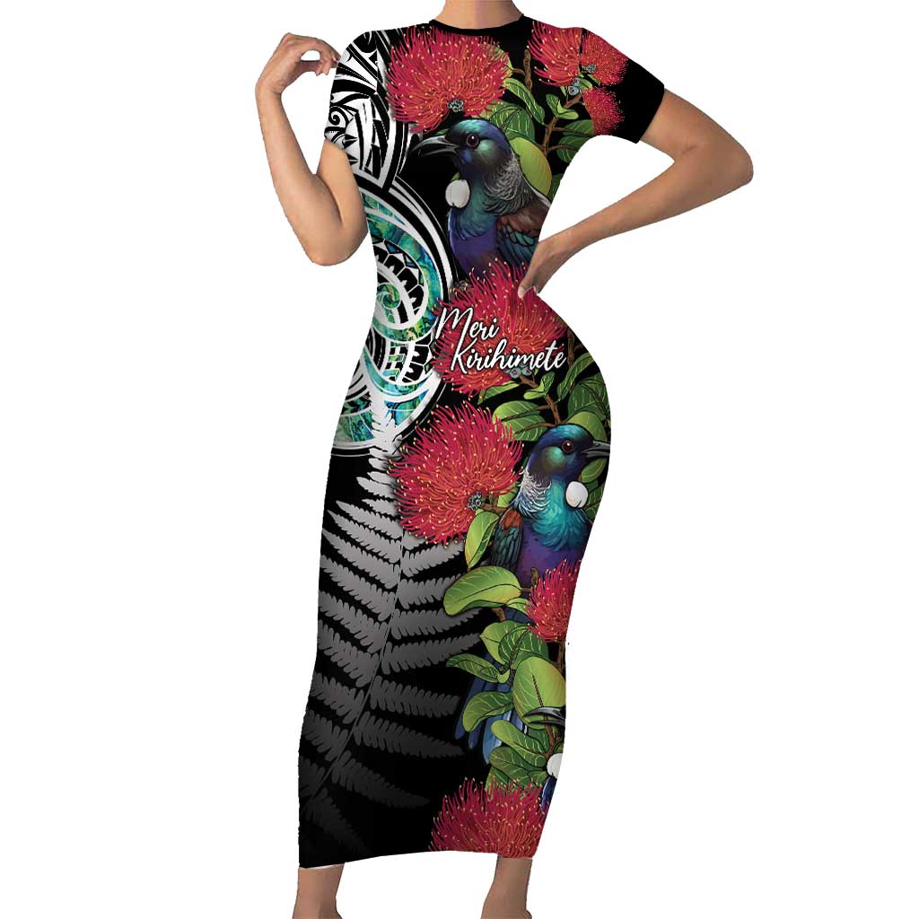 Meri Kirihimete New Zealand Short Sleeve Bodycon Dress Tui on Pohutukawa LT7 Long Dress Black - Polynesian Pride