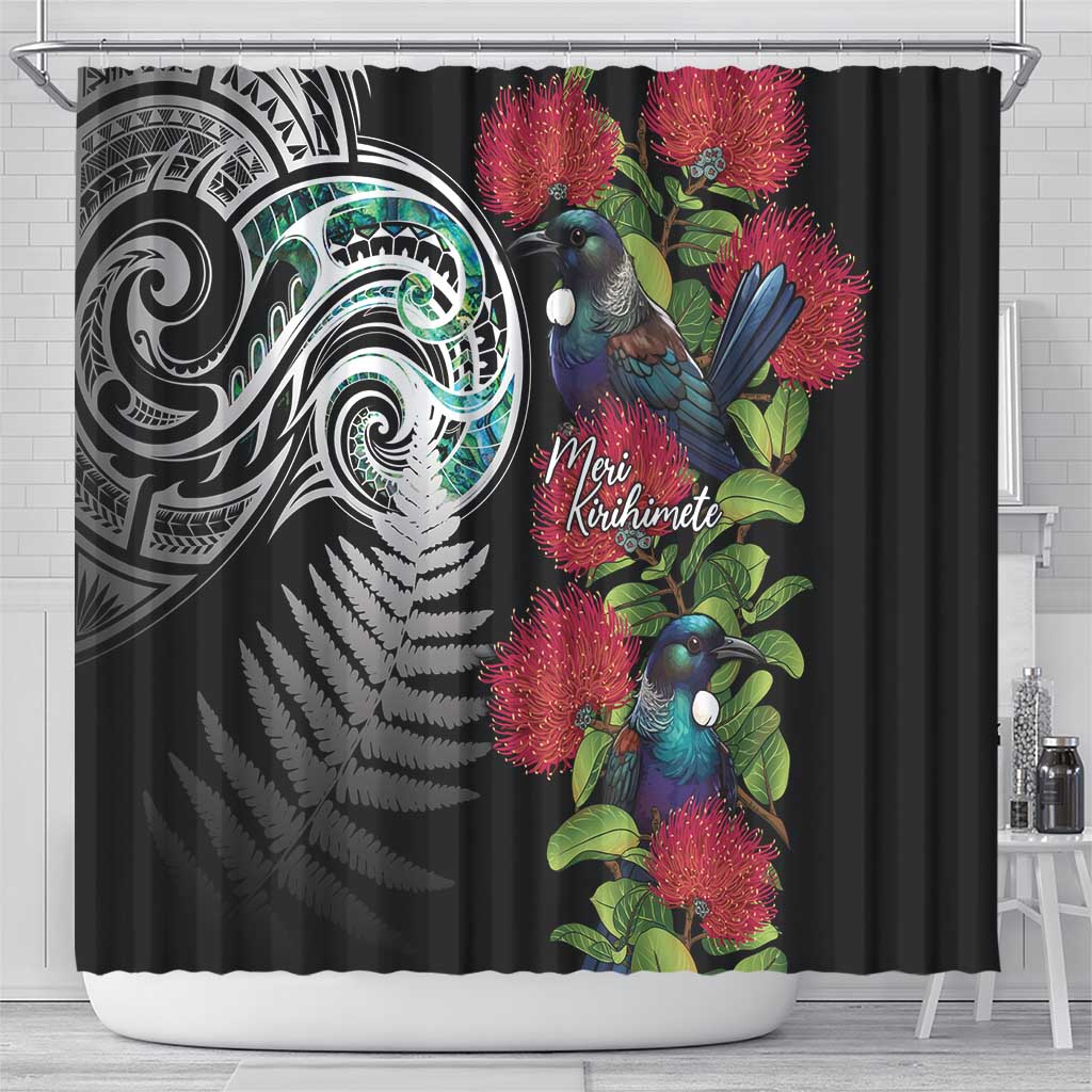 Meri Kirihimete New Zealand Shower Curtain Tui on Pohutukawa