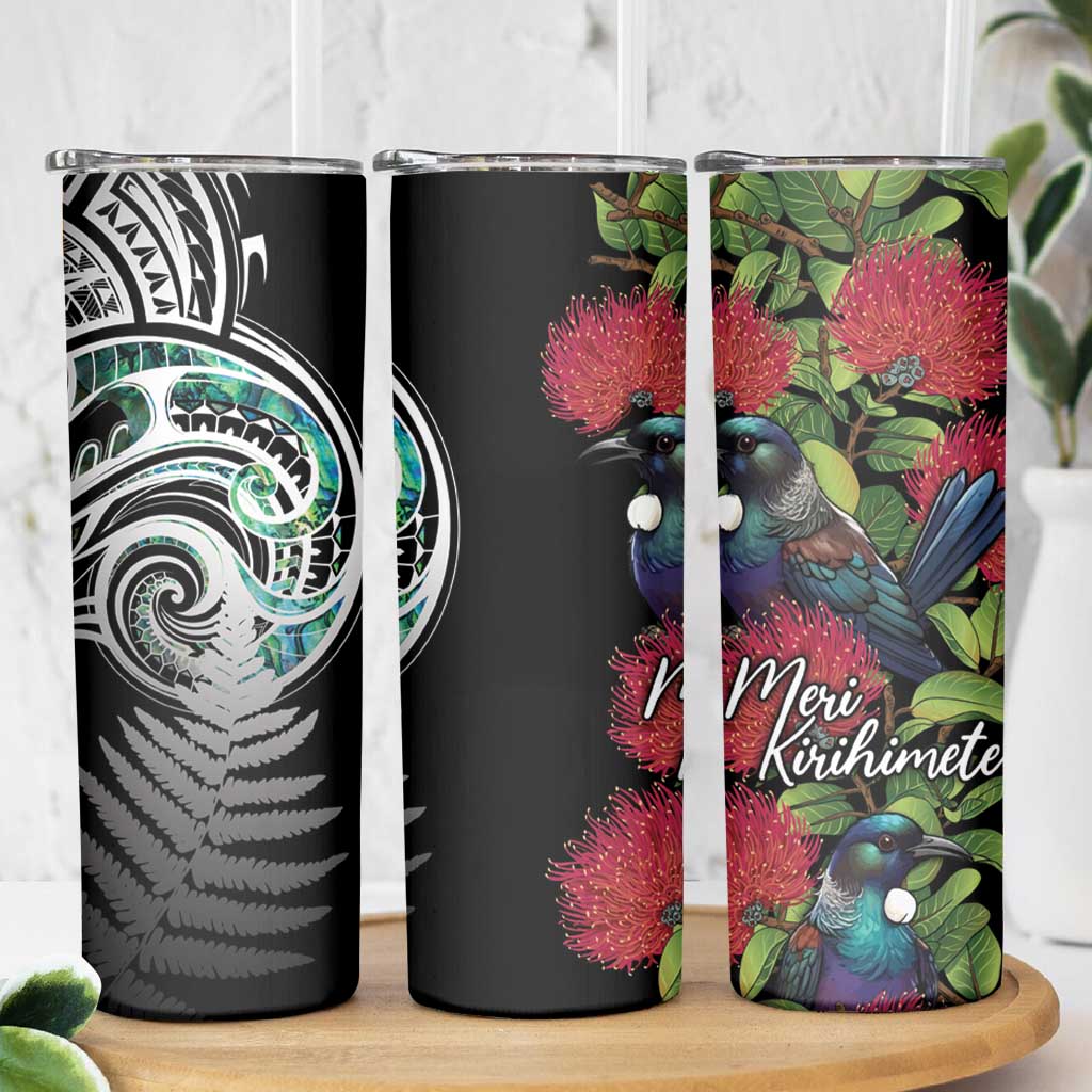 Meri Kirihimete New Zealand Skinny Tumbler Tui on Pohutukawa