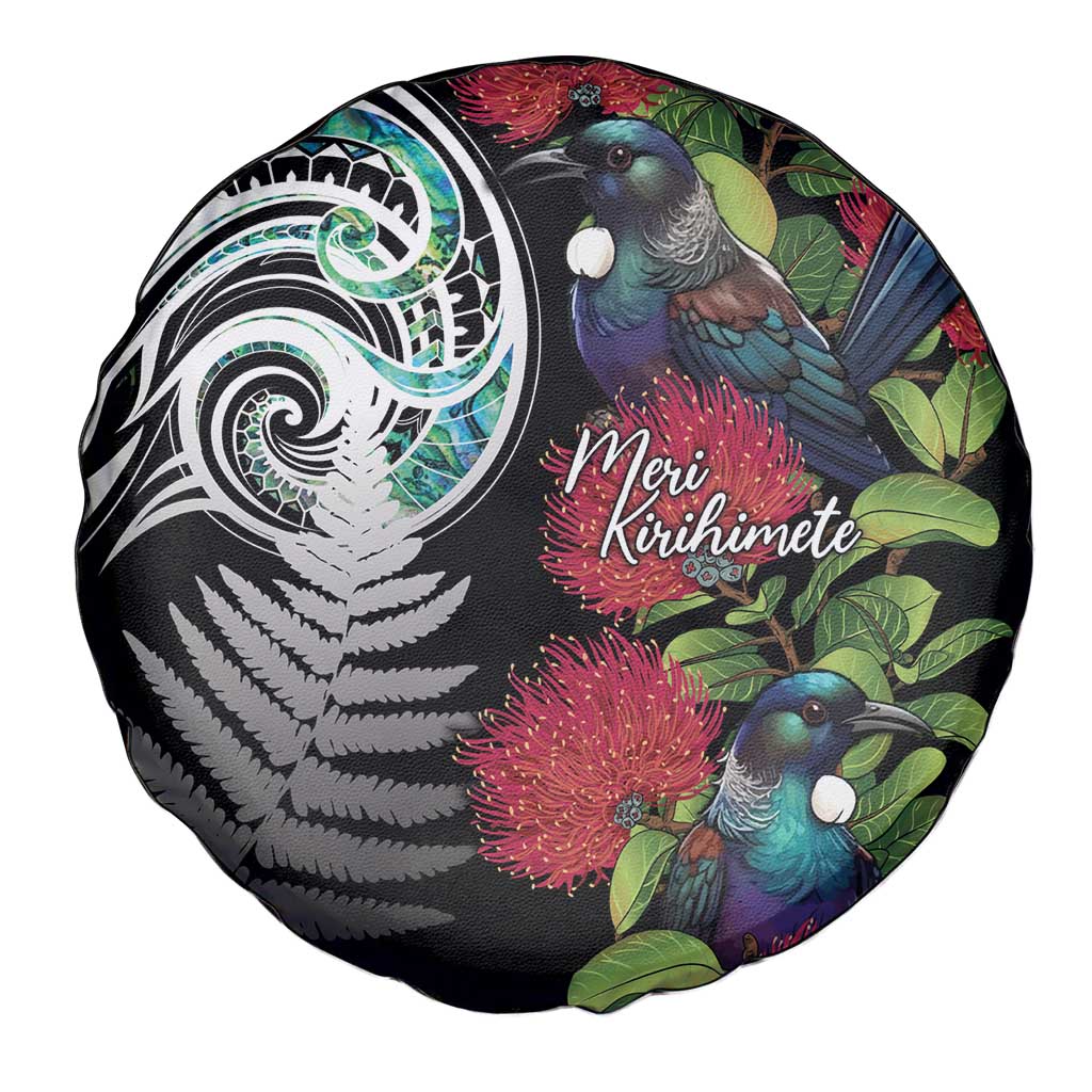 Meri Kirihimete New Zealand Spare Tire Cover Tui on Pohutukawa