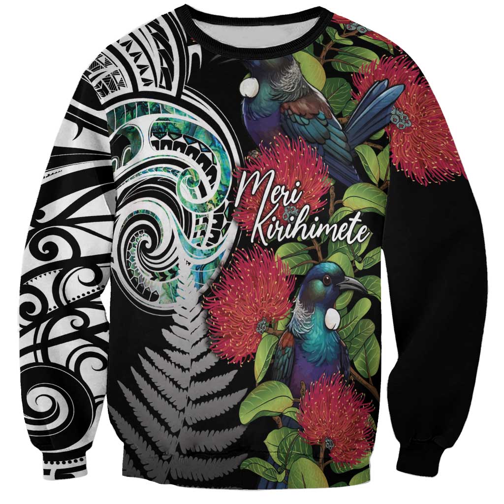 Meri Kirihimete New Zealand Sweatshirt Tui on Pohutukawa