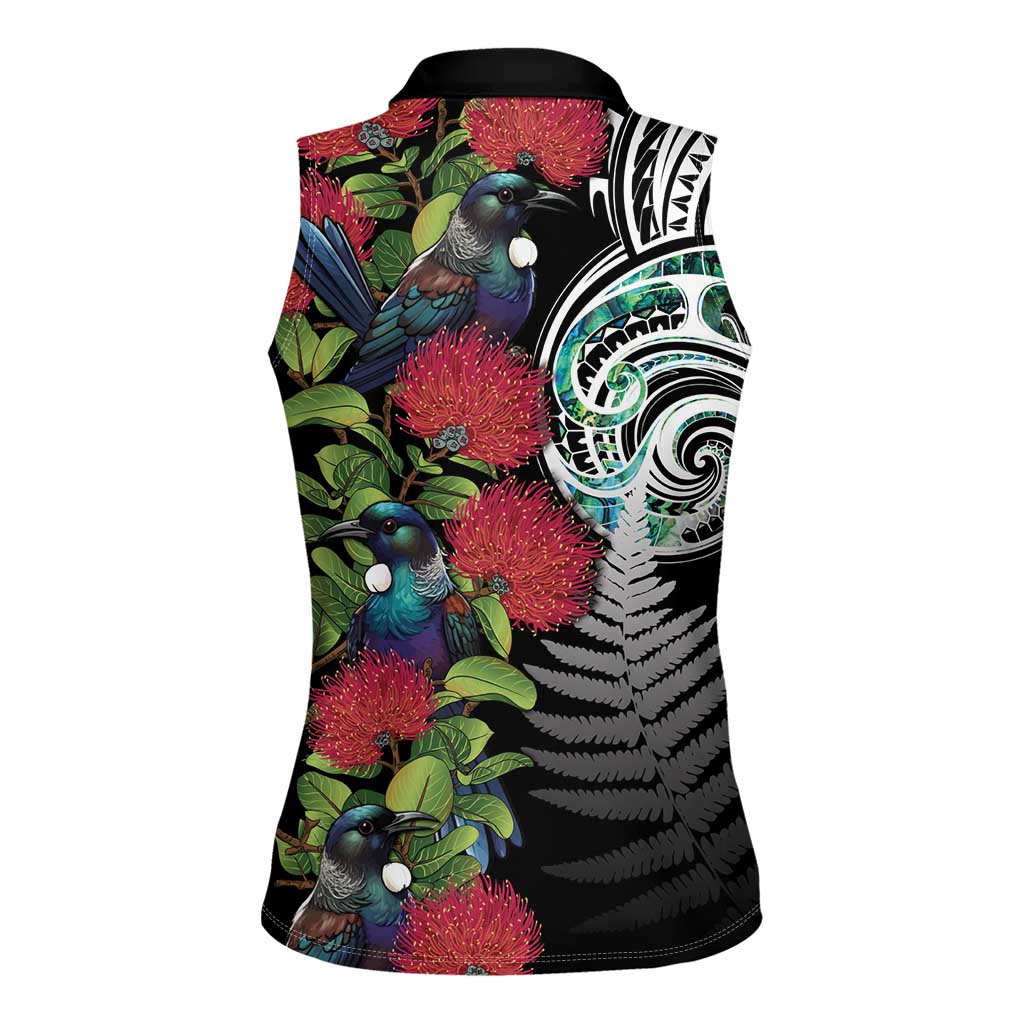 Meri Kirihimete New Zealand Women Sleeveless Polo Shirt Tui on Pohutukawa