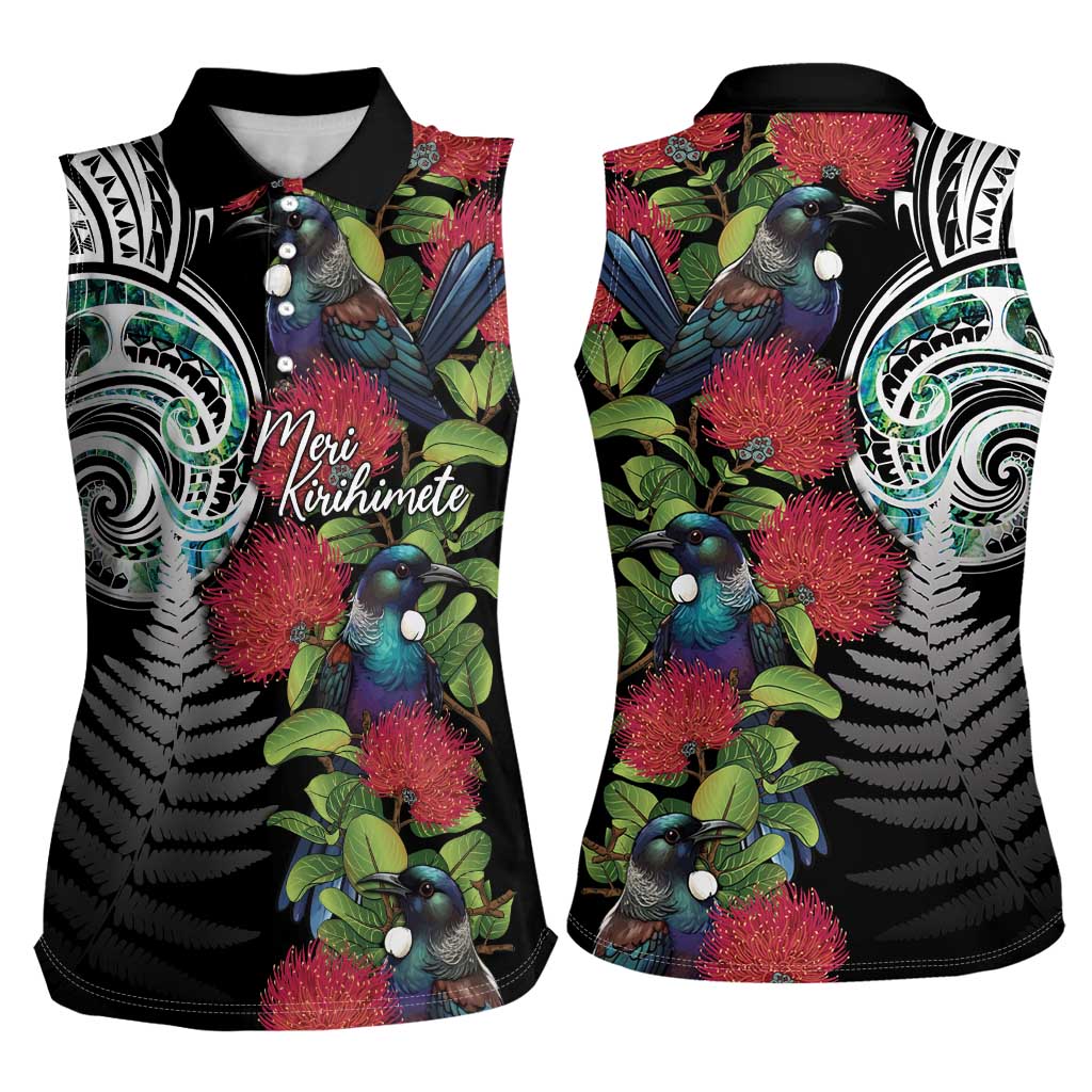 Meri Kirihimete New Zealand Women Sleeveless Polo Shirt Tui on Pohutukawa