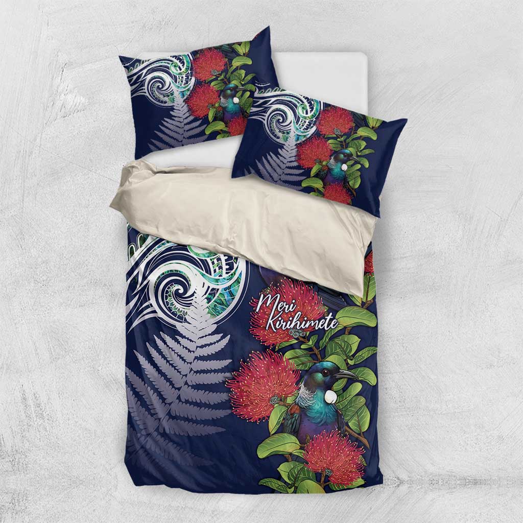 Meri Kirihimete New Zealand Bedding Set Tui on Pohutukawa - Blue Ver