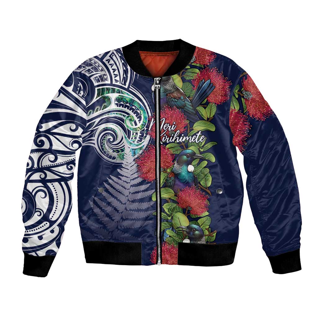 Meri Kirihimete New Zealand Bomber Jacket Tui on Pohutukawa - Blue Ver LT7 Unisex Blue - Polynesian Pride