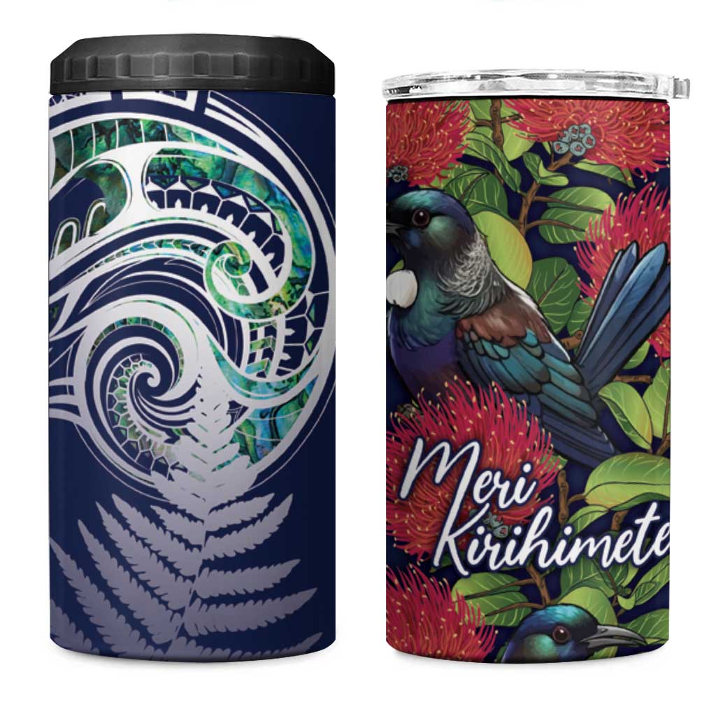 Meri Kirihimete New Zealand 4 in 1 Can Cooler Tumbler Tui on Pohutukawa - Blue Ver