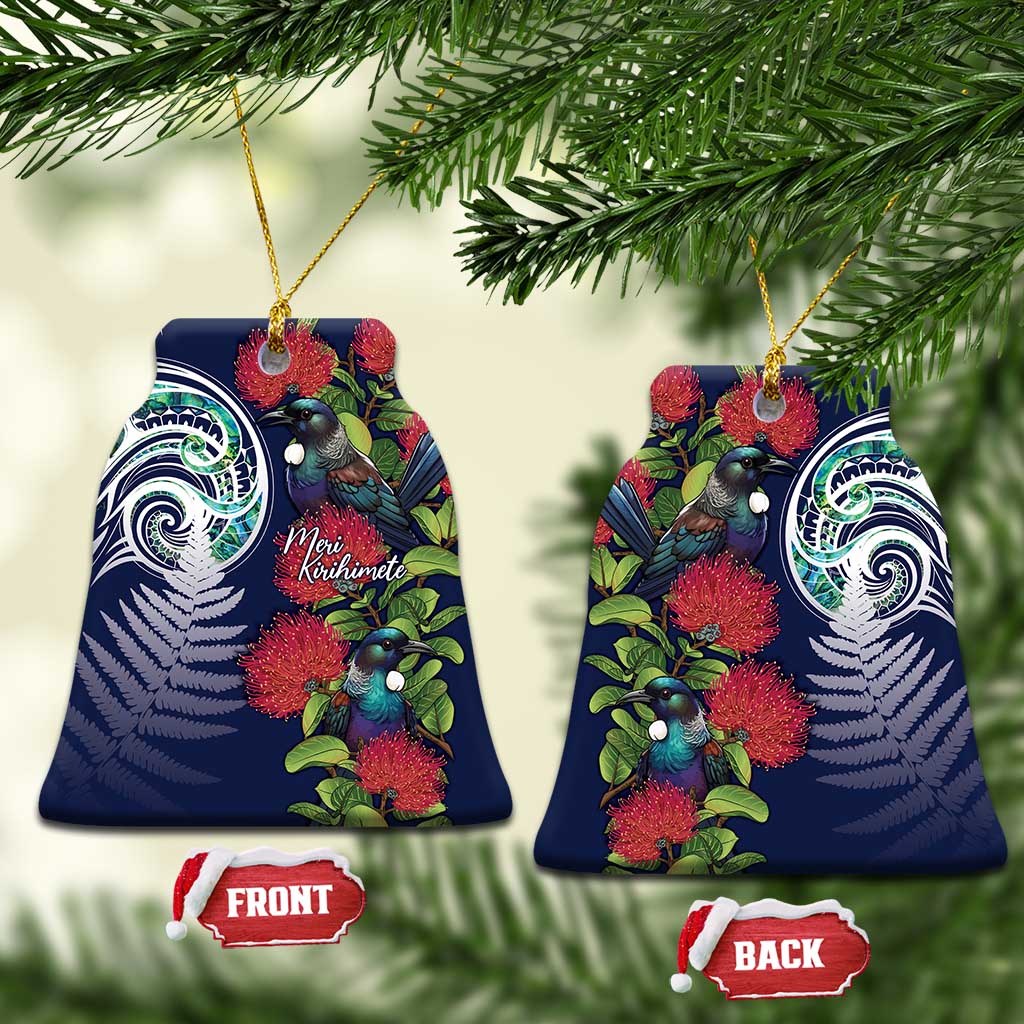 Meri Kirihimete New Zealand Ceramic Ornament Tui on Pohutukawa - Blue Ver