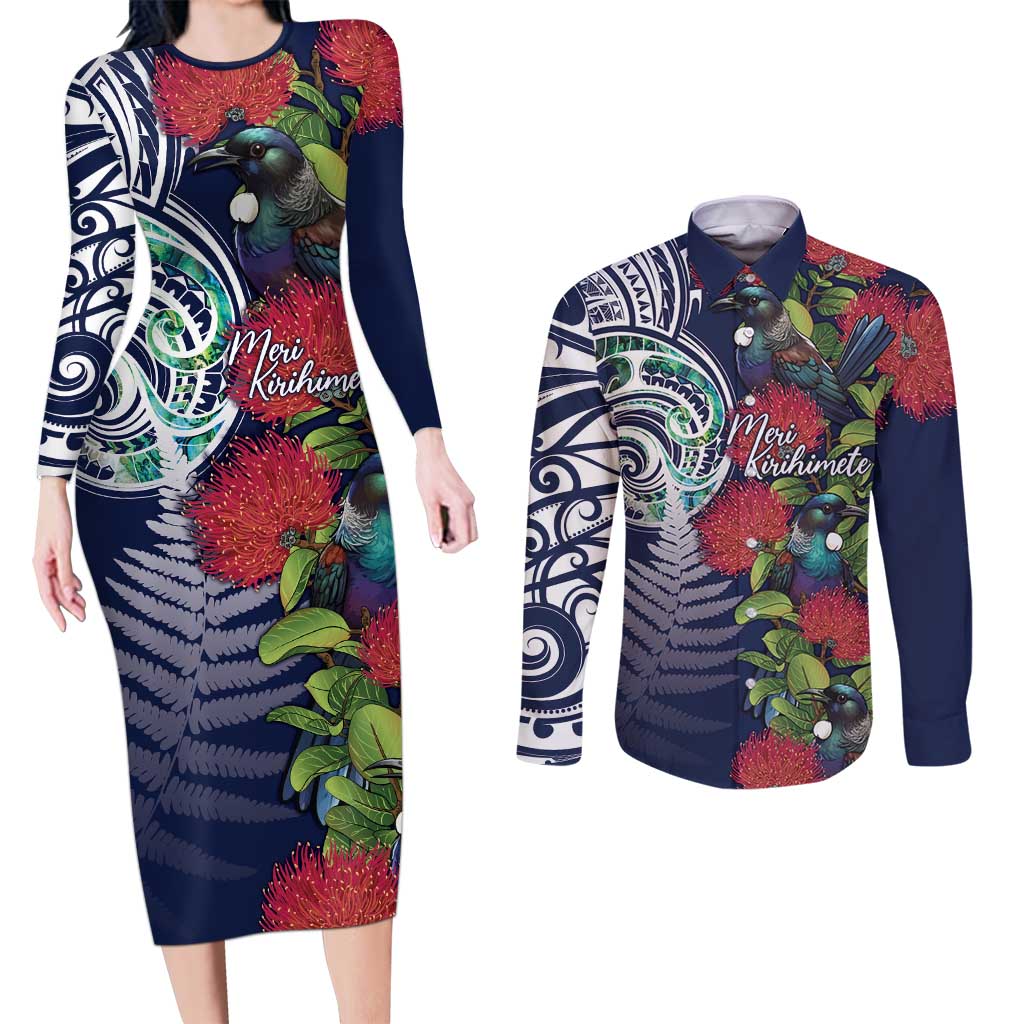 Meri Kirihimete New Zealand Couples Matching Long Sleeve Bodycon Dress and Long Sleeve Button Shirt Tui on Pohutukawa - Blue Ver
