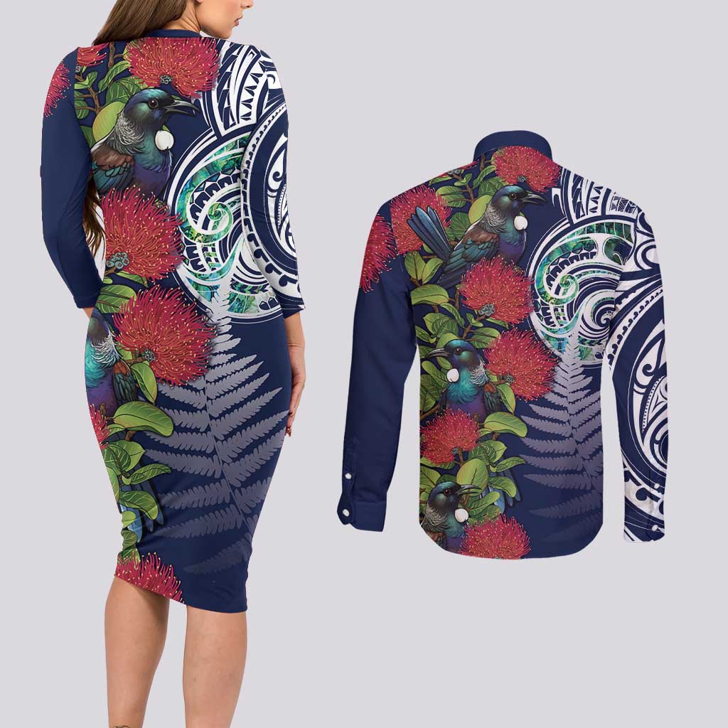 Meri Kirihimete New Zealand Couples Matching Long Sleeve Bodycon Dress and Long Sleeve Button Shirt Tui on Pohutukawa - Blue Ver