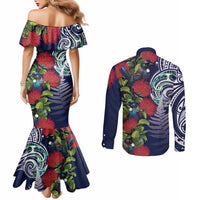 Meri Kirihimete New Zealand Couples Matching Mermaid Dress and Long Sleeve Button Shirt Tui on Pohutukawa - Blue Ver