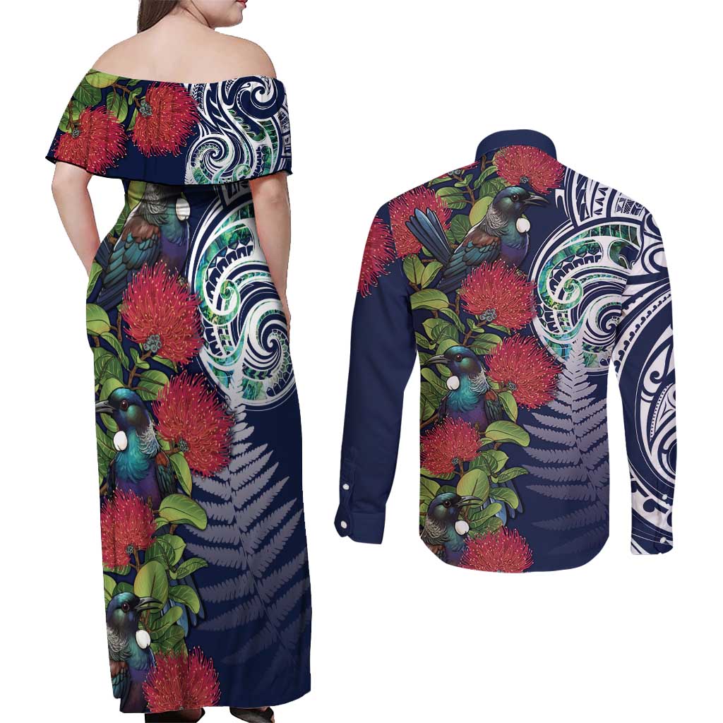 Meri Kirihimete New Zealand Couples Matching Off Shoulder Maxi Dress and Long Sleeve Button Shirt Tui on Pohutukawa - Blue Ver