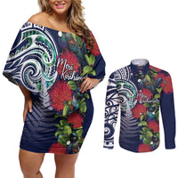 Meri Kirihimete New Zealand Couples Matching Off Shoulder Short Dress and Long Sleeve Button Shirt Tui on Pohutukawa - Blue Ver
