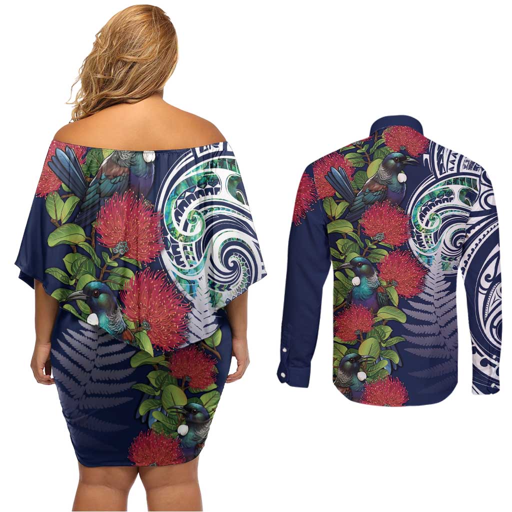 Meri Kirihimete New Zealand Couples Matching Off Shoulder Short Dress and Long Sleeve Button Shirt Tui on Pohutukawa - Blue Ver