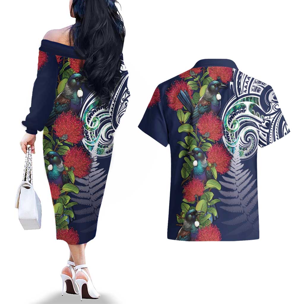 Meri Kirihimete New Zealand Couples Matching Off The Shoulder Long Sleeve Dress and Hawaiian Shirt Tui on Pohutukawa - Blue Ver