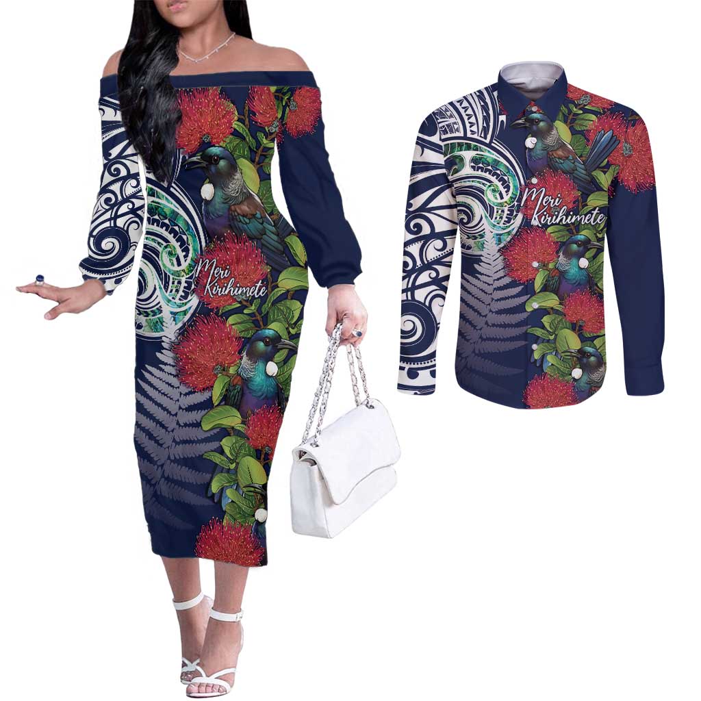 Meri Kirihimete New Zealand Couples Matching Off The Shoulder Long Sleeve Dress and Long Sleeve Button Shirt Tui on Pohutukawa - Blue Ver