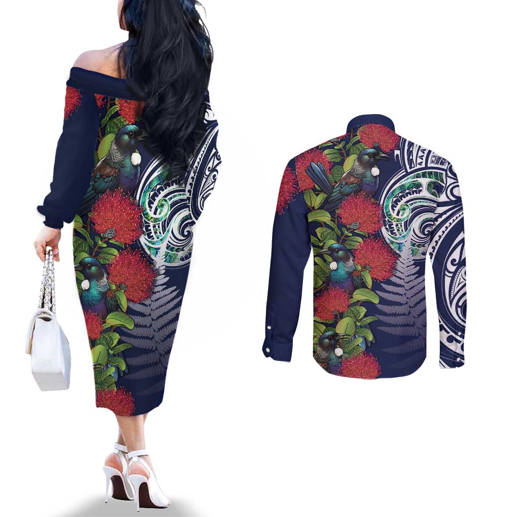 Meri Kirihimete New Zealand Couples Matching Off The Shoulder Long Sleeve Dress and Long Sleeve Button Shirt Tui on Pohutukawa - Blue Ver