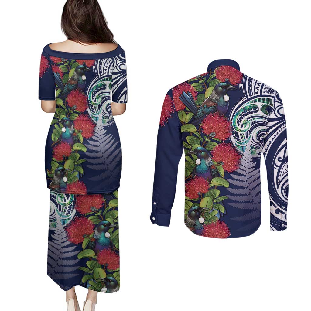 Meri Kirihimete New Zealand Couples Matching Puletasi and Long Sleeve Button Shirt Tui on Pohutukawa - Blue Ver