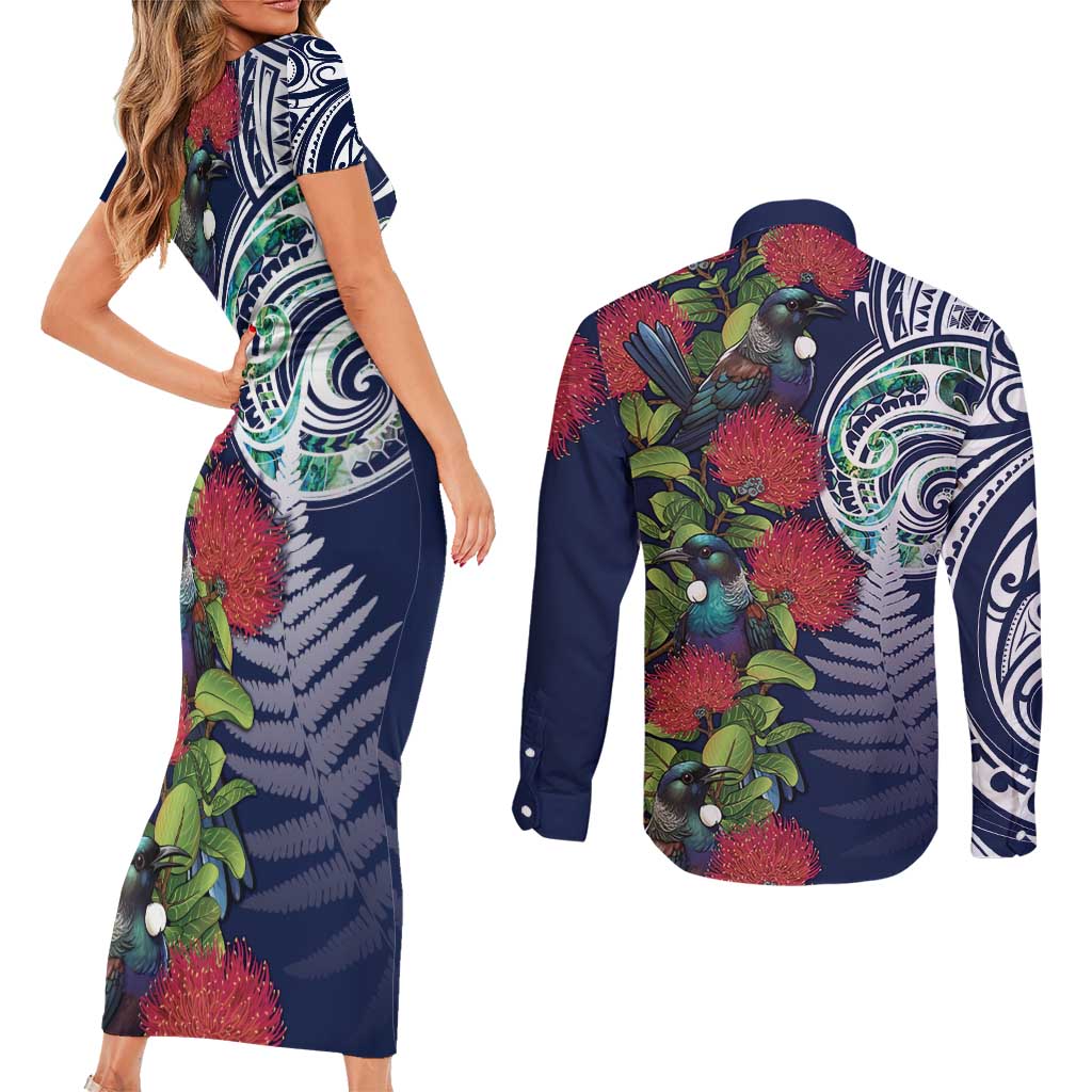 Meri Kirihimete New Zealand Couples Matching Short Sleeve Bodycon Dress and Long Sleeve Button Shirt Tui on Pohutukawa - Blue Ver