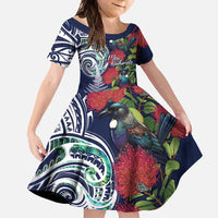 Meri Kirihimete New Zealand Family Matching Long Sleeve Bodycon Dress and Hawaiian Shirt Tui on Pohutukawa - Blue Ver LT7 Daughter's Dress Blue - Polynesian Pride