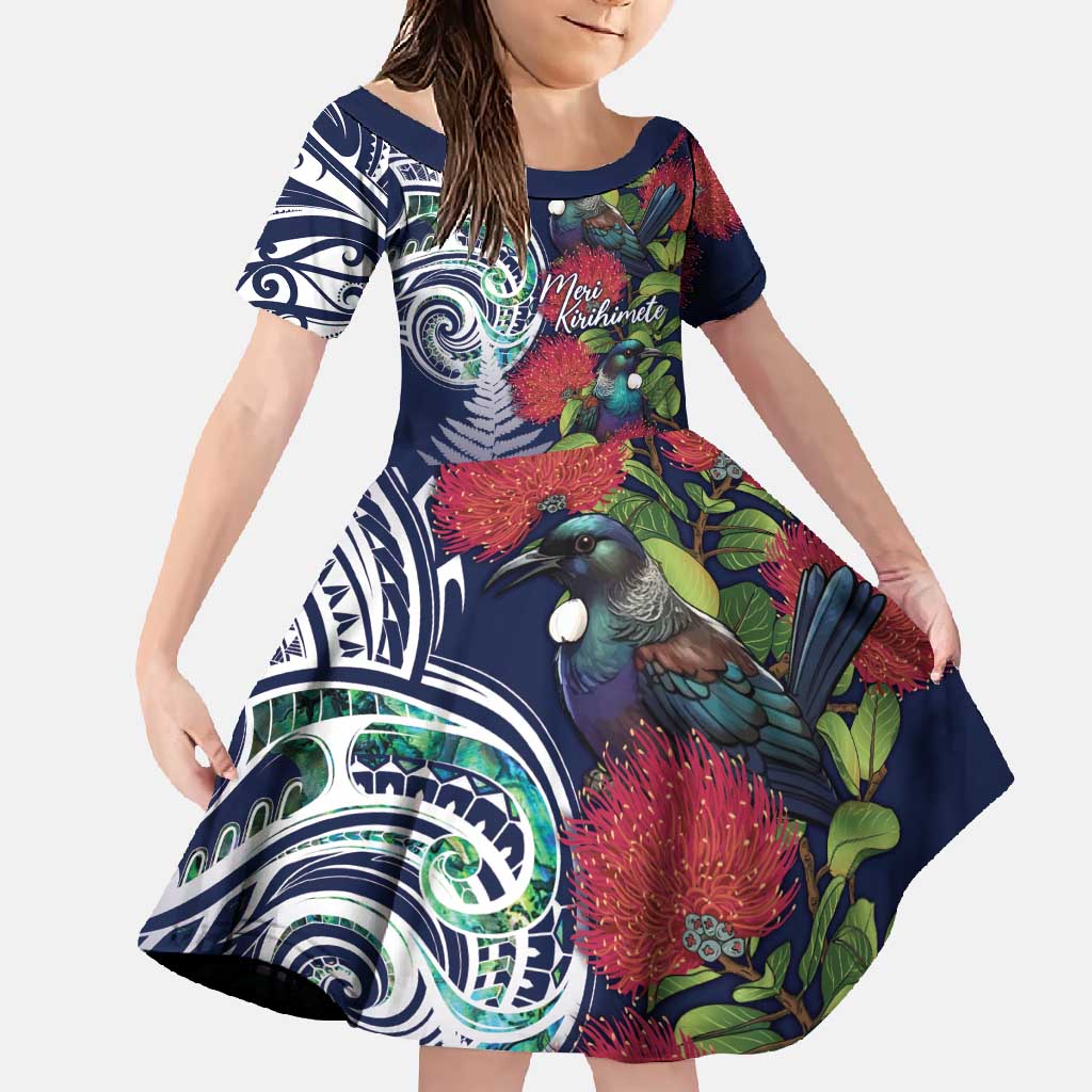 Meri Kirihimete New Zealand Family Matching Mermaid Dress and Hawaiian Shirt Tui on Pohutukawa - Blue Ver LT7 Daughter's Dress Blue - Polynesian Pride