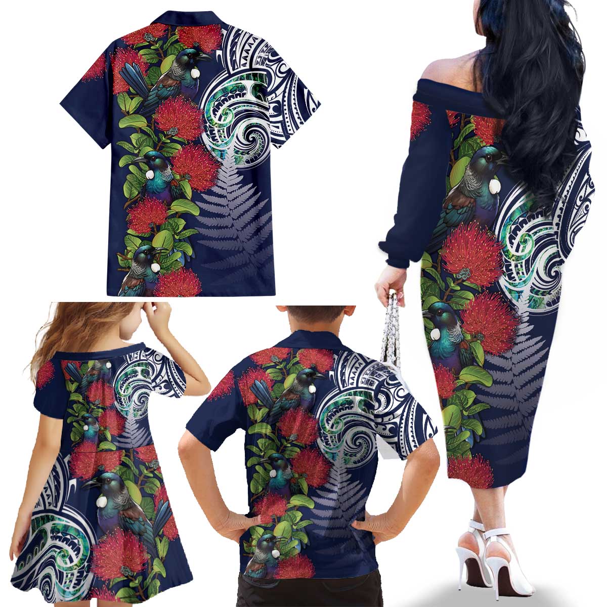 Meri Kirihimete New Zealand Family Matching Off The Shoulder Long Sleeve Dress and Hawaiian Shirt Tui on Pohutukawa - Blue Ver