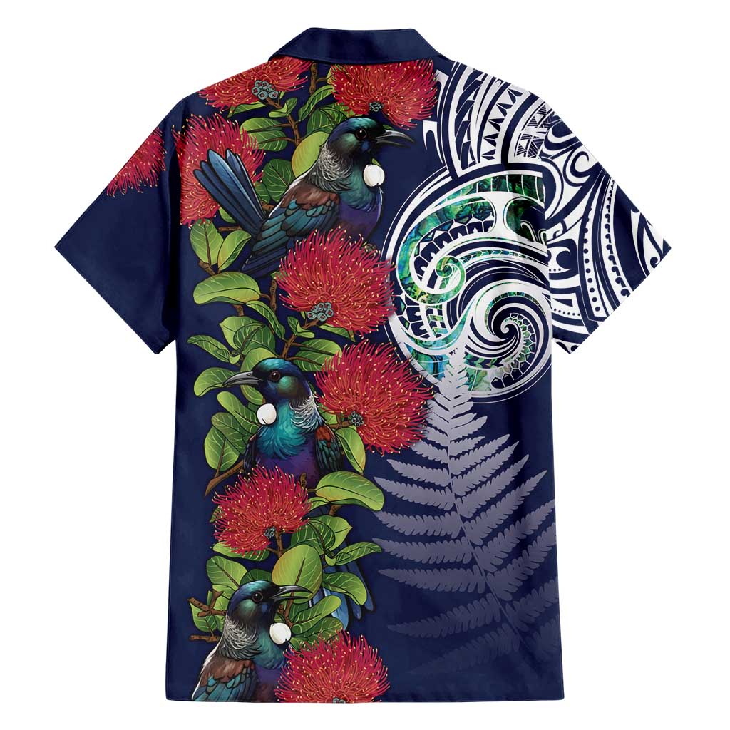 Meri Kirihimete New Zealand Family Matching Short Sleeve Bodycon Dress and Hawaiian Shirt Tui on Pohutukawa - Blue Ver LT7 - Polynesian Pride